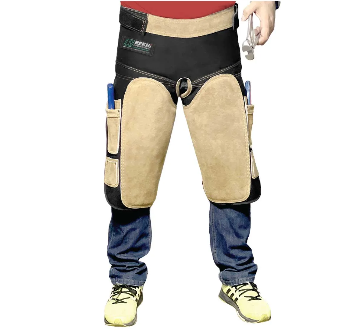 Rekhi Farrier Apron Chaps – Canvas and Suede Leather with Dual Hoof Knife Pockets, Horseshoe Nails Pocket, and Magnet Pockets