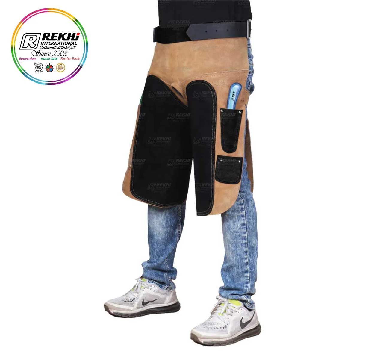 Rekhi Farrier Apron Chaps – Cowhide Suede FULL Leather Farrier Apron with Dual Hoof Knife Pockets, Horseshoe Nails Pocket, and Magnet Pockets RI-FA-01